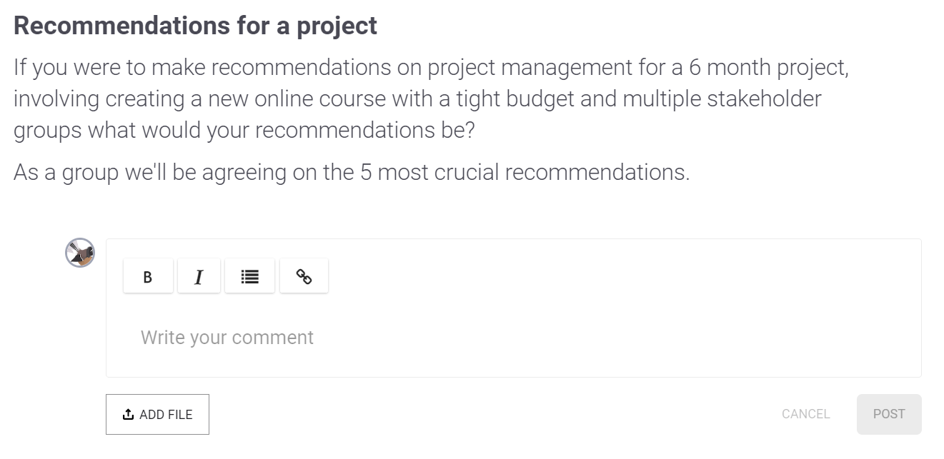 In-page discussion in iQualify asking learners to give recommendations on a project management approach and that the group will be agreeing on the five most crucial recommendations. 