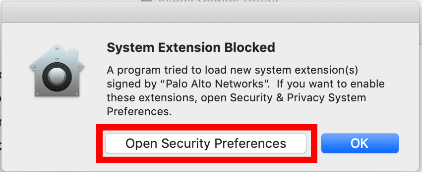System Extension Blocked pop up notification, click Open Security Preferences then press Ok