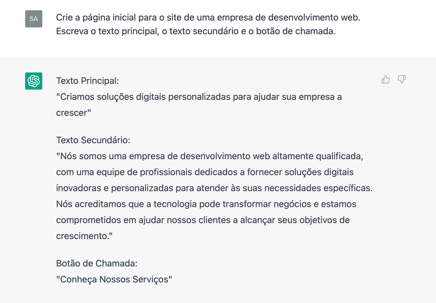 chatgpt criando texto principal, secundário e botão de chamada para site