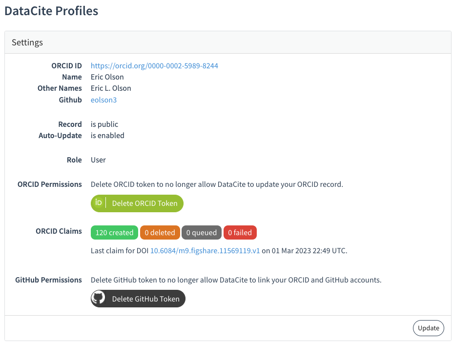 ORCID settings page showing DataCite Profile