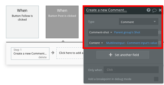Creating a new comment on a Dribbble shot using Bubble’s no-code platform