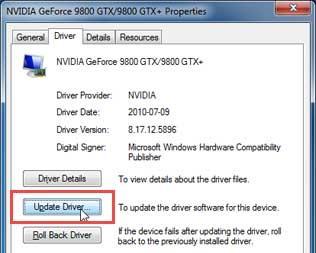 Select Update driver in the graphic card