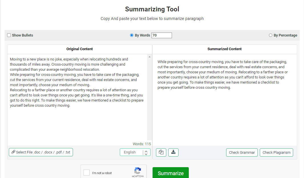 Features of Text Summarizer: