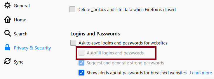 disable Autofill  from Firefox to fix LastPass Not Saving Passwords error