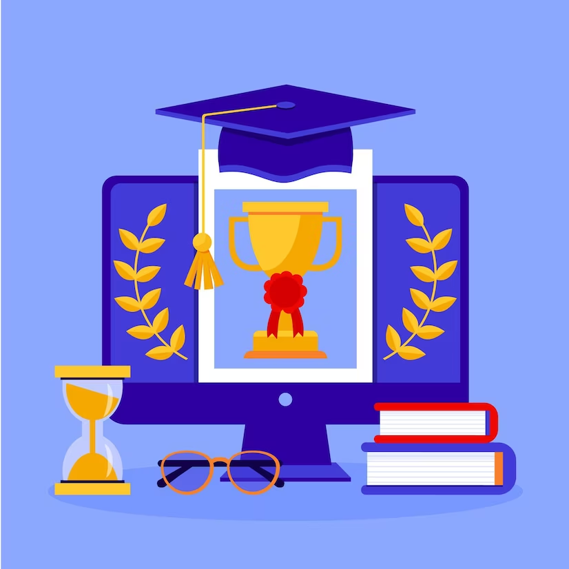 Illustration of a laptop screen displaying an online certification with a graduation cap, representing the journey towards admission to Oxford.