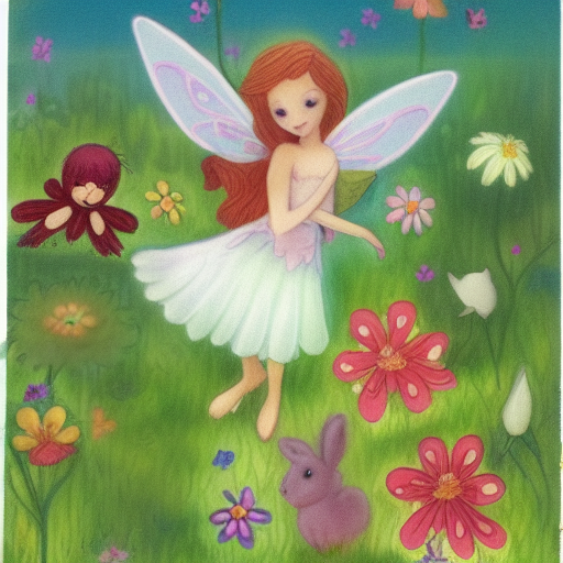 A fairy and bunny surrounded by flowers