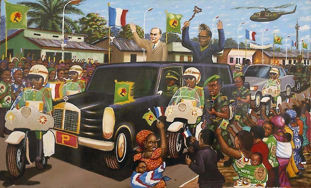 Mobutu represented during a military parade, in a car, with soldiers in front of him riding mopeds and a big, colorful crowd cheering