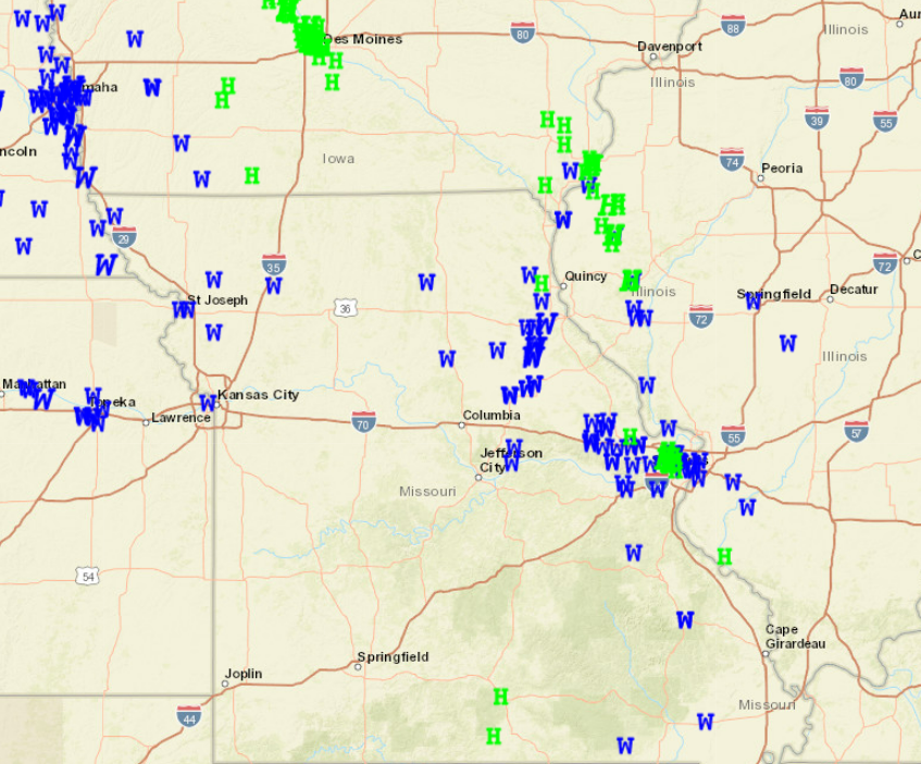 Map depicting locations of wind and hail reports from the July 9th, 2021 storms.