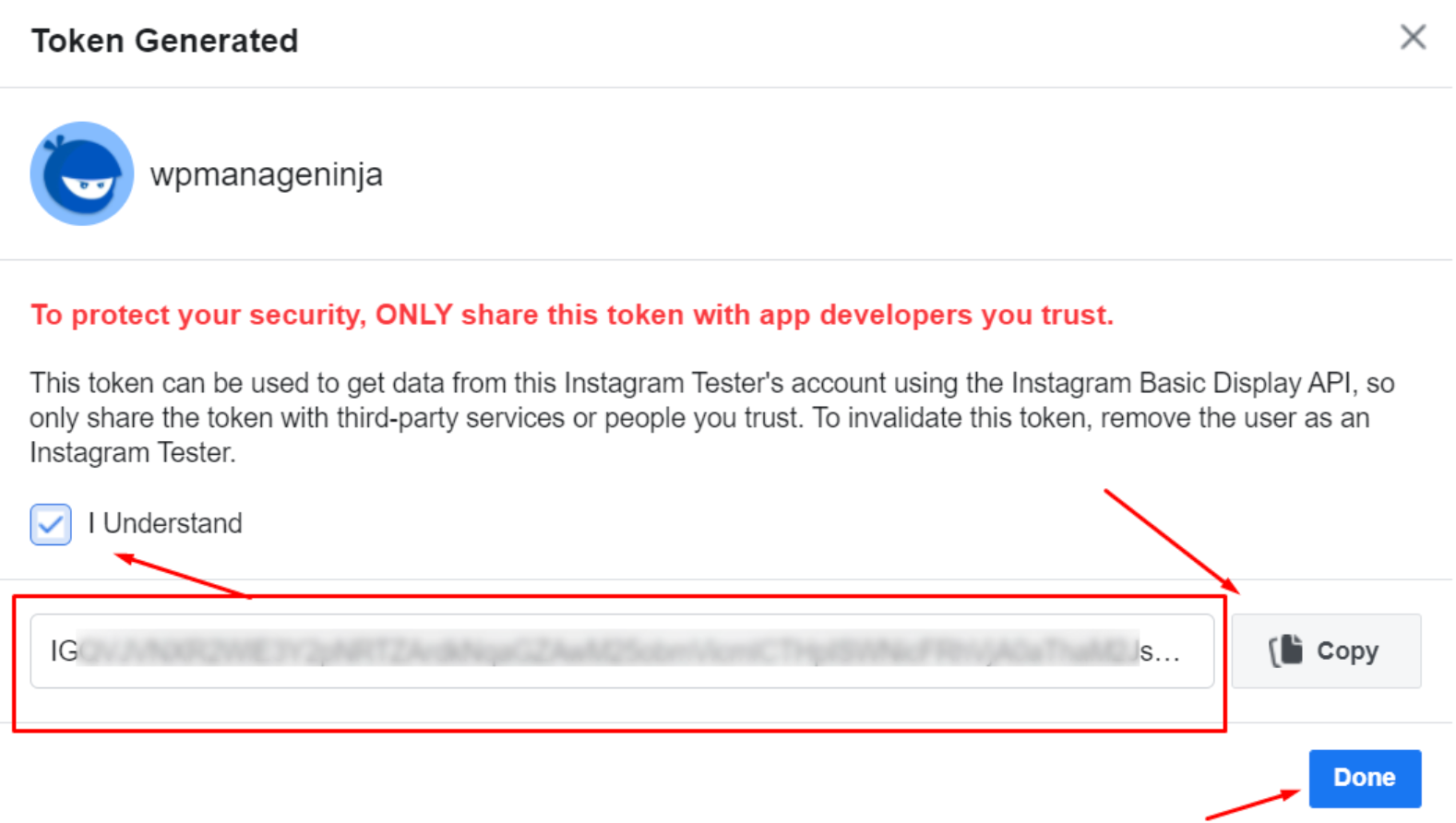 Instagram access token generated