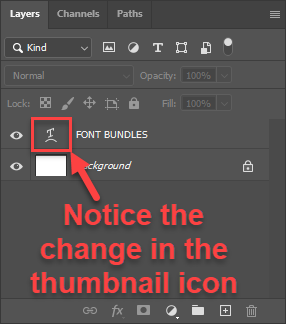 Shows the warped text layer's thumbnail icon in the Layers panel