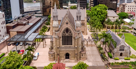 An aerial shot of St Stephen/s Cathedral and chapel in Brisbane (The Catholic Leader)