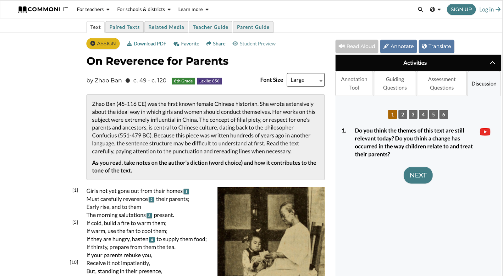 “On Reverence for Parents” by Zhao Ban lesson with Discussion question one highlighted.