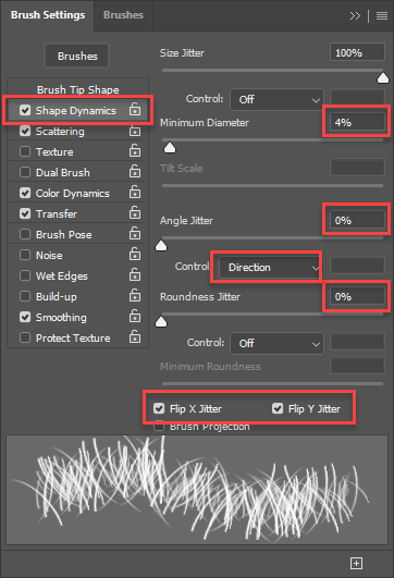 Shows the brush's Shape Dynamics settings