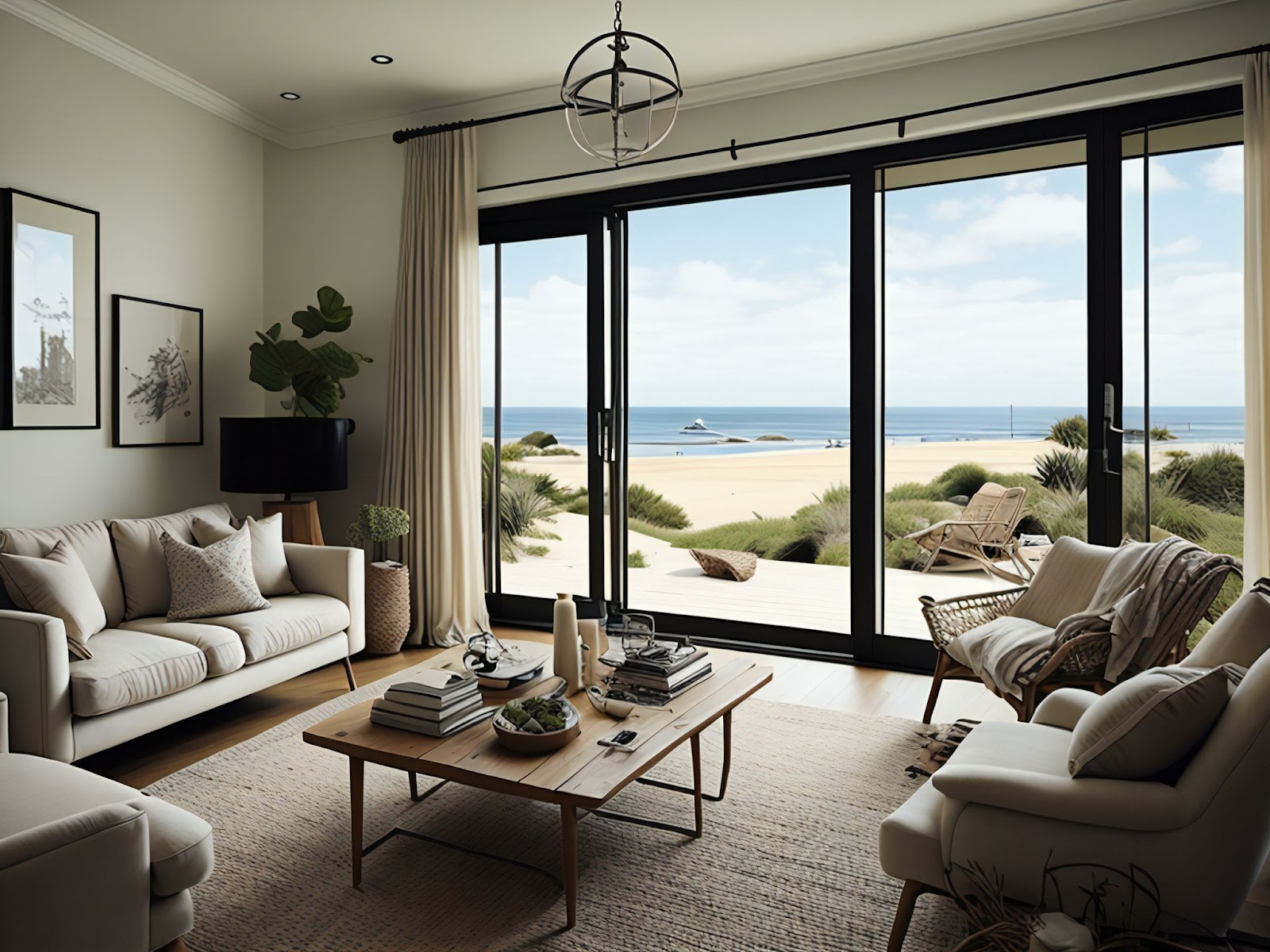 A coastal living room overlooking the water.