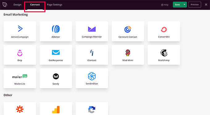 Conecte serviços de marketing por e-mail