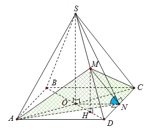 Cho hình chóp tứ giác đều (S.ABCD) có cạnh đáy bằng (2a), góc giữa mặt bên và mặt đáy bằng (60^circ ). Gọi (M), (N) lần lượt là trung điểm của các cạnh cạnh (SD), (DC). Thể tích khối tứ diện (ACMN) là</p> 1