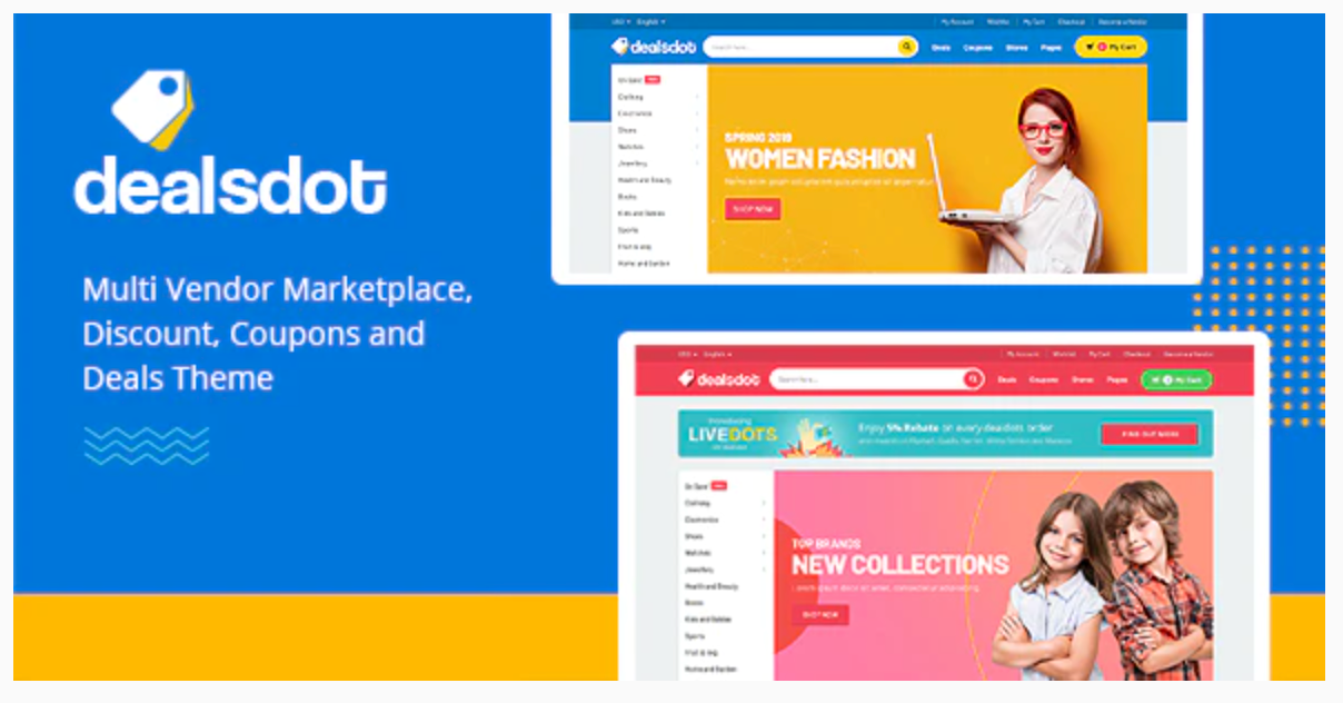 Dealsdot WordPress Marketplace theme homepage featuring the tagline, computer screen, and example of the the theme layout