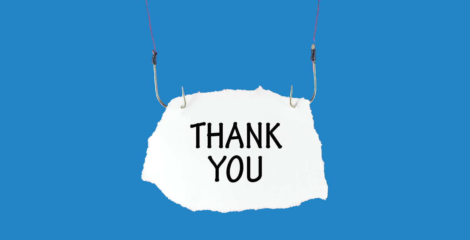 A piece of paper stating Thank You hangs from two fishing hooks against a blue background
