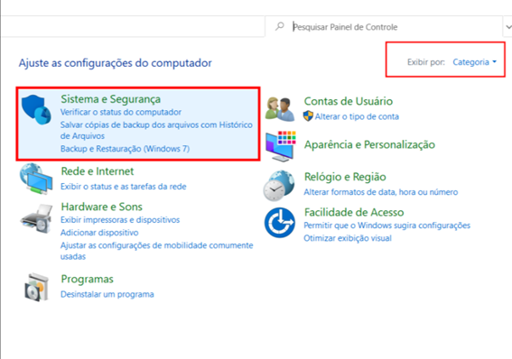 Clicando na opção "Sistema e Segurança"