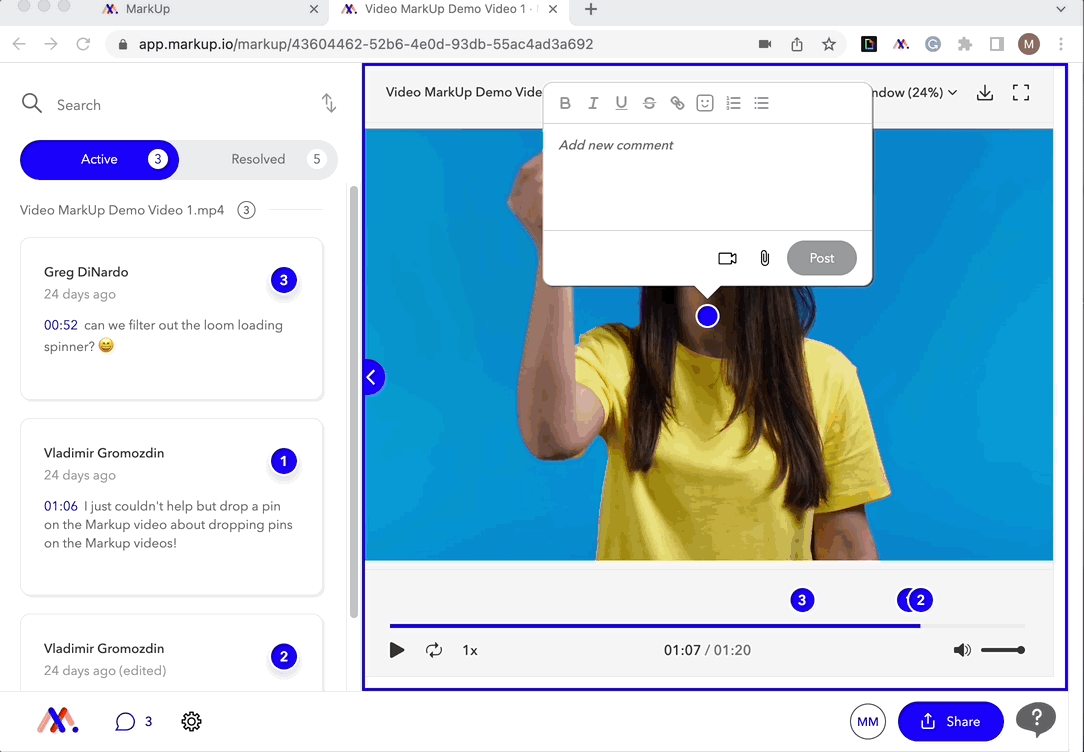 GIF that shows how to add a Loom to a Video MarkUp.