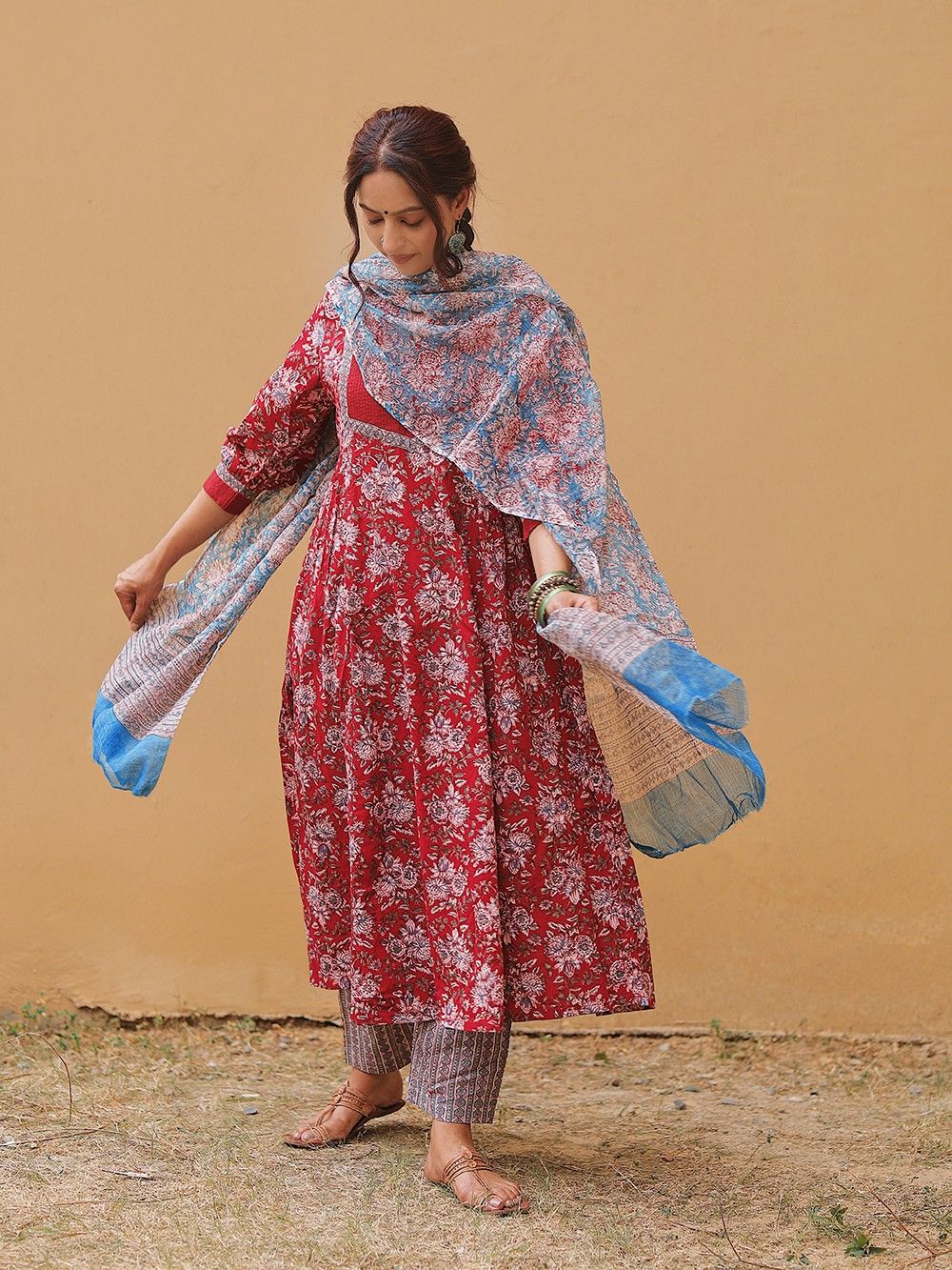 the loom - Red Hand Block Printed Cotton Pintuck Kurta