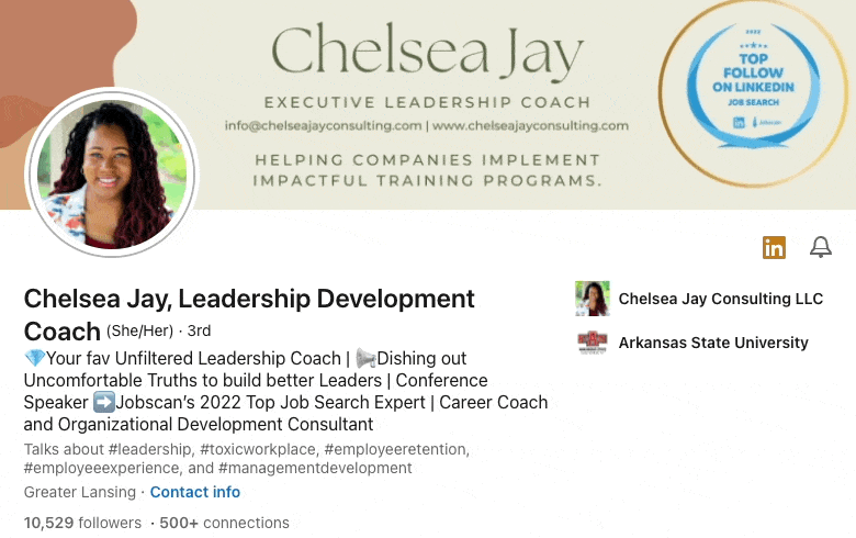 Image shows Chelsea Jay's LinkedIn profile and cover story