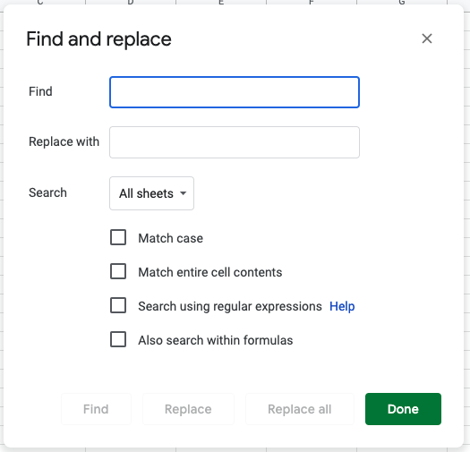 find and replace in google sheets