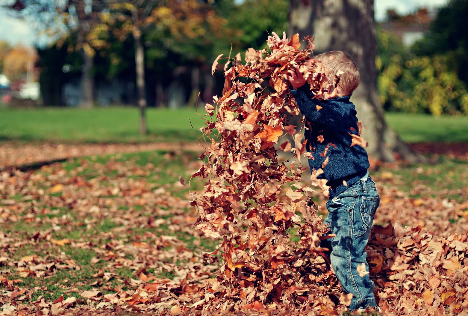Hyperactive child with ADHD playing with leaves