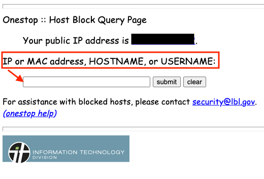 Use onestop.lbl.gov to check if your computer is blocked from accessing the Lab network. 