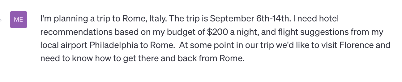Example prompt for ChatGPT to plan a trip to Rome on a strict budget