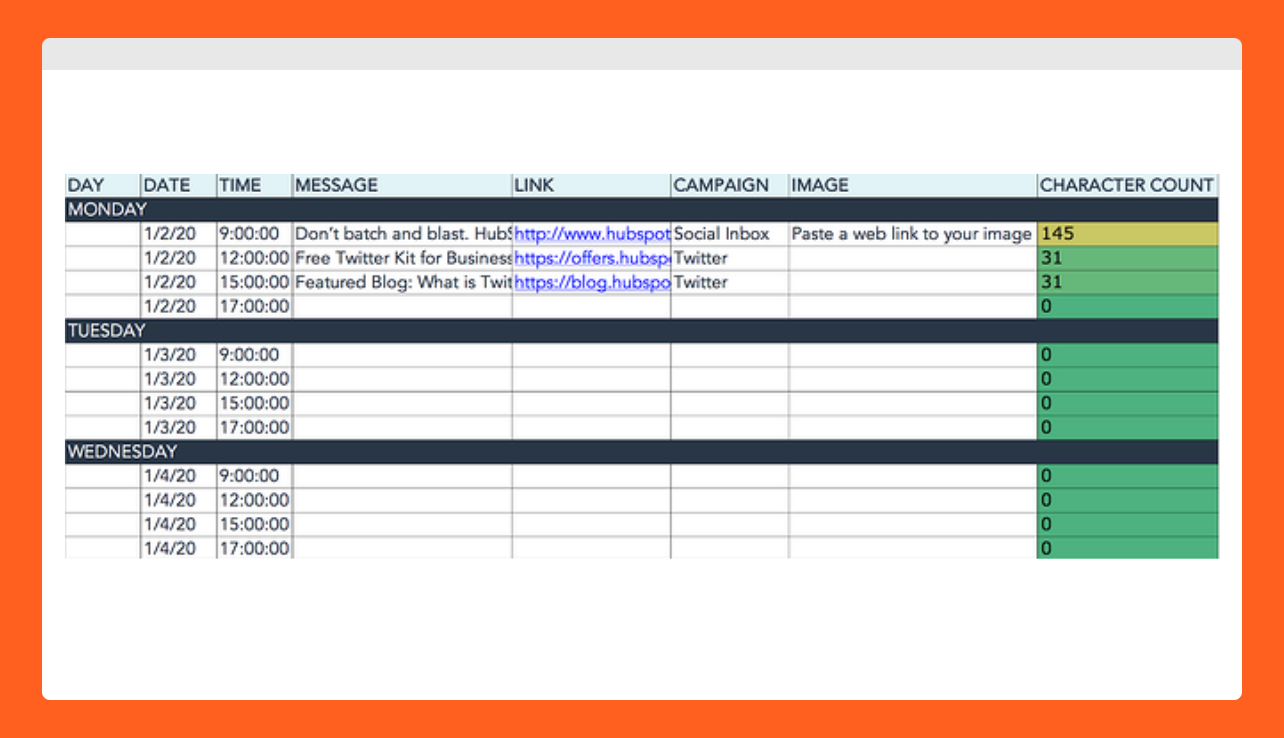 Hubspot's social media posting calendar