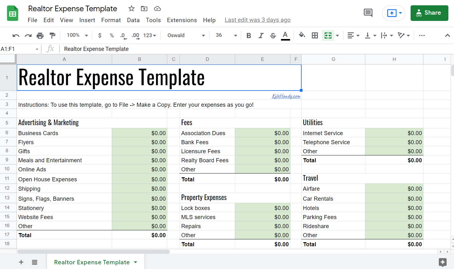 Realtor Expense Spreadsheet Template