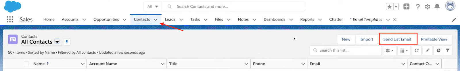 Salesforce Lightning All Contacts menu