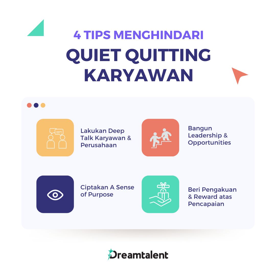 1.  Lakukan Deep Talk Antara Karyawan dan Perusahaan
Membangun komunikasi adalah kunci untuk memperkuat hubungan antara karyawan dan perusahaan. Baik HR, atasan, manajer, ataupun pimpinan perusahaan dapat melakukan diskusi bersama karyawan secara mendalam atau dapat disebut dengan istilah deep talk. 

2.  Ciptakan A Sense of Purpose 
Salah satu penyebab karyawan melakukan quiet quitting adalah tidak adanya tujuan dan motivasi lain dalam bekerja selain mendapatkan gaji. Oleh sebab itu, mereka hanya akan bekerja sesuai dengan tanggung jawab mereka.

Perusahaan harus dapat menciptakan dan menumbuhkan sense of purpose dalam diri seorang karyawan. Sense of purpose yang akan mendorong rasa semangat karyawan dalam bekerja. 

Perusahaan dapat mengadakan program pembekalan karyawan atau upskilling yang identik dengan keahlian mereka untuk meningkatkan kompetensi, program bonding karyawan agar memperluas networking, aktivitas corporate social responsibility, dan lain sebagainya. 
3.  Bangun Leadership dan Opportunities

Memberi kepercayaan dan peluang untuk memimpin suatu proyek atau pekerjaan menjadi hal krusial dalam meningkatkan kinerja karyawan. Hal ini menandakan bahwa perusahaan mendukung karier karyawan agar berkembang. 

Ketika perusahaan menjadi support system, tentu karyawan akan termotivasi untuk mengejar karier dan tujuan mereka. Selain itu, karyawan akan cenderung memiliki produktivitas dan kepuasan kerja yang tinggi. 
4.  Beri Pengakuan dan Reward atas Pencapaian Positif
Setiap karyawan pasti menginginkan pekerjaannya dihargai. Perusahaan dapat menunjukkan apresiasi kepada karyawan dengan memberikan pengakuan dan reward atas pencapaian mereka.