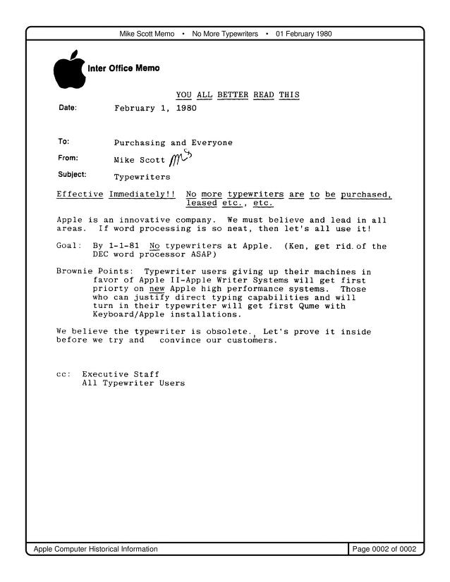 Apple 1981 Internal Memo by Mike Scott on Banning Typewriters