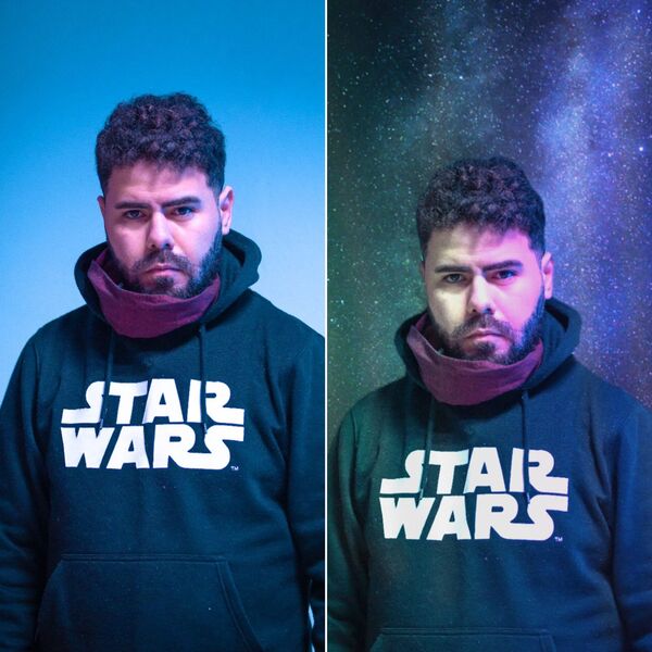 antes e depois de uma edição feita com o AirBrush inspirado em Star Wars