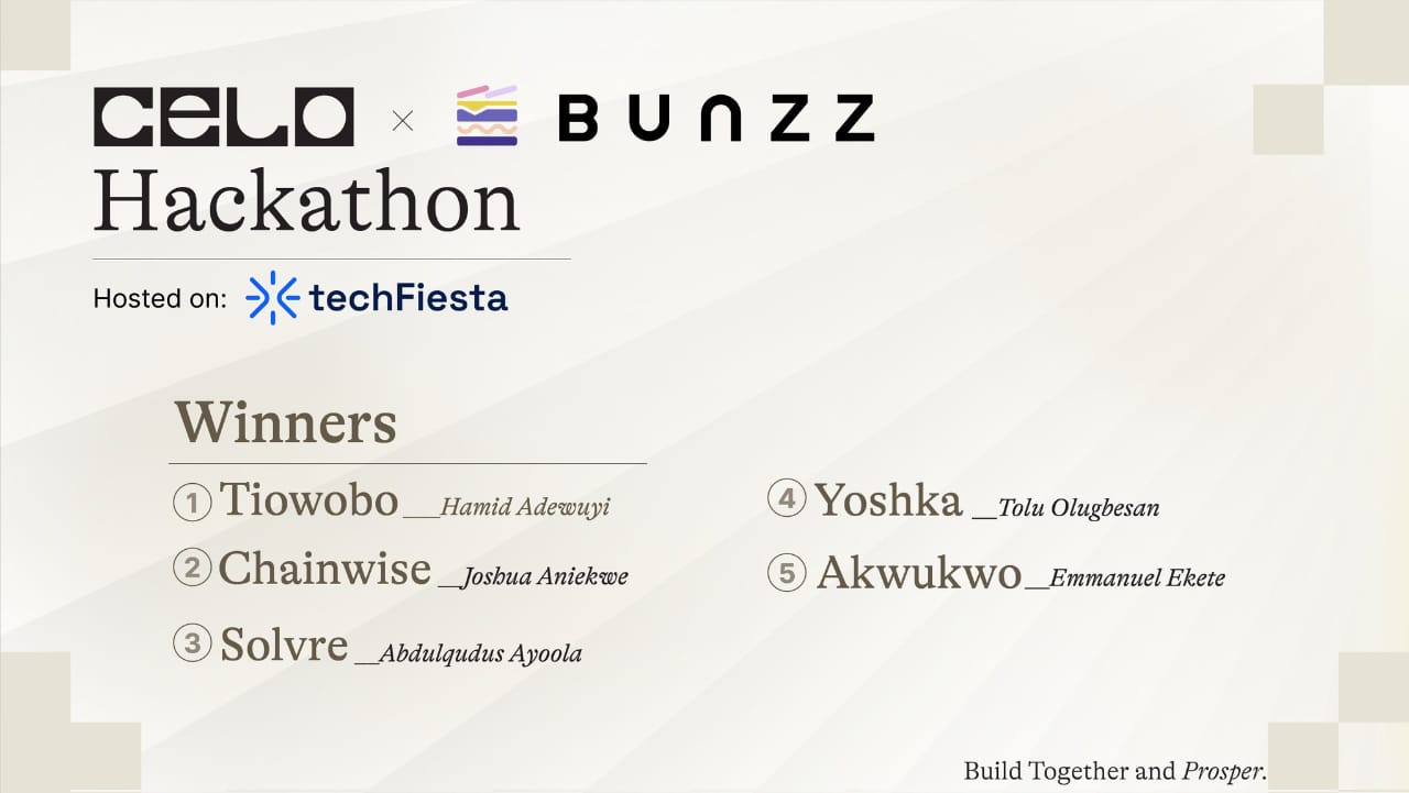 Image showing the names of the top 5 Celo x Bunzz hackathon winners