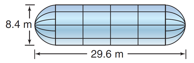 Một tàu ngầm hạt nhân do ông Nhẫn thiết kế có dạng (như hình minh họa) biết rằng đầu tàu và đuôi tàu có dạng là hình bán cầu, thân tàu có dạng là một hình trụ. Tổng chiều dài thân tàu là (29,6,{rm{m}})và chiều cao của thân tàu là ({rm{8,4}},{rm{m}}). Tính thể tích của con tàu chính xác tới hàng phần trăm.<img alt="Nga tiếp tục phát triển dự án tàu ngầm mini" src="https://lh6.googleusercontent.com/4EsUx2WC7WS8abePtxapNo7ppv8HNatHLPsbGAWCNTJdLobkEJolRLvFINY-hrkZL7ysv1qHZitrXJVtJ6DLQXO0-XIaKTMHaELsOkPytx1im1DEO4sRCC_qmulblGGALZrWW20sdPf9SXfs0w" width="441.11736702919006" height="252.19731867313385"> 1