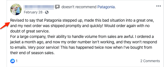 Screenshot of a review on Facebook for Patagonia that used to be negative, but was revised to positive