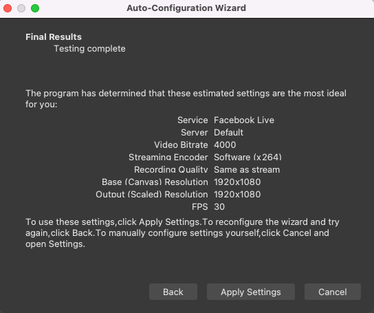 OBS studio bandwidth test results