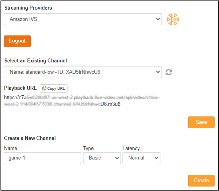 Screenshot showing the Videon user interface to select an existing channel or create a new channel