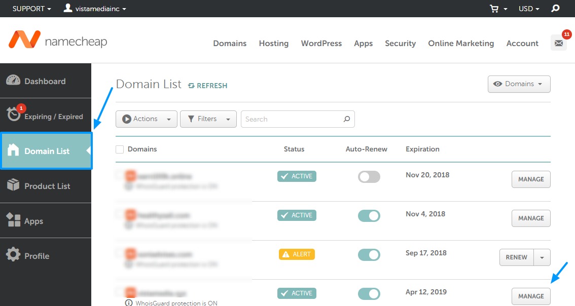 lista de domínios no painel namecheap