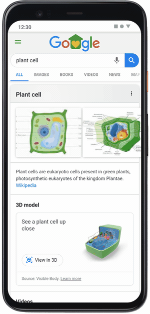 3 pantallas de teléfono móvil con vistas en 3D. La primera muestra una célula vegetal.