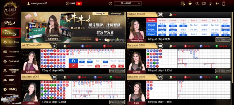 Sòng Casino sẽ hiện ra để bạn tìm Poker 3 lá – Win3Cards tại góc trái màn hình