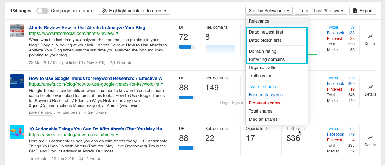 ahrefs content explorer filters