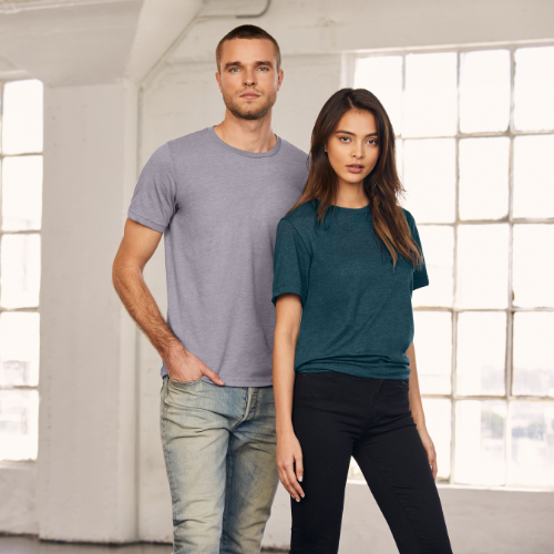 Man and woman wearing Bella+Canvas 3310C Sueded T-Shirt