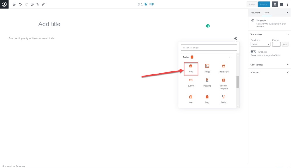 Bloco de visualizações do conjunto de ferramentas