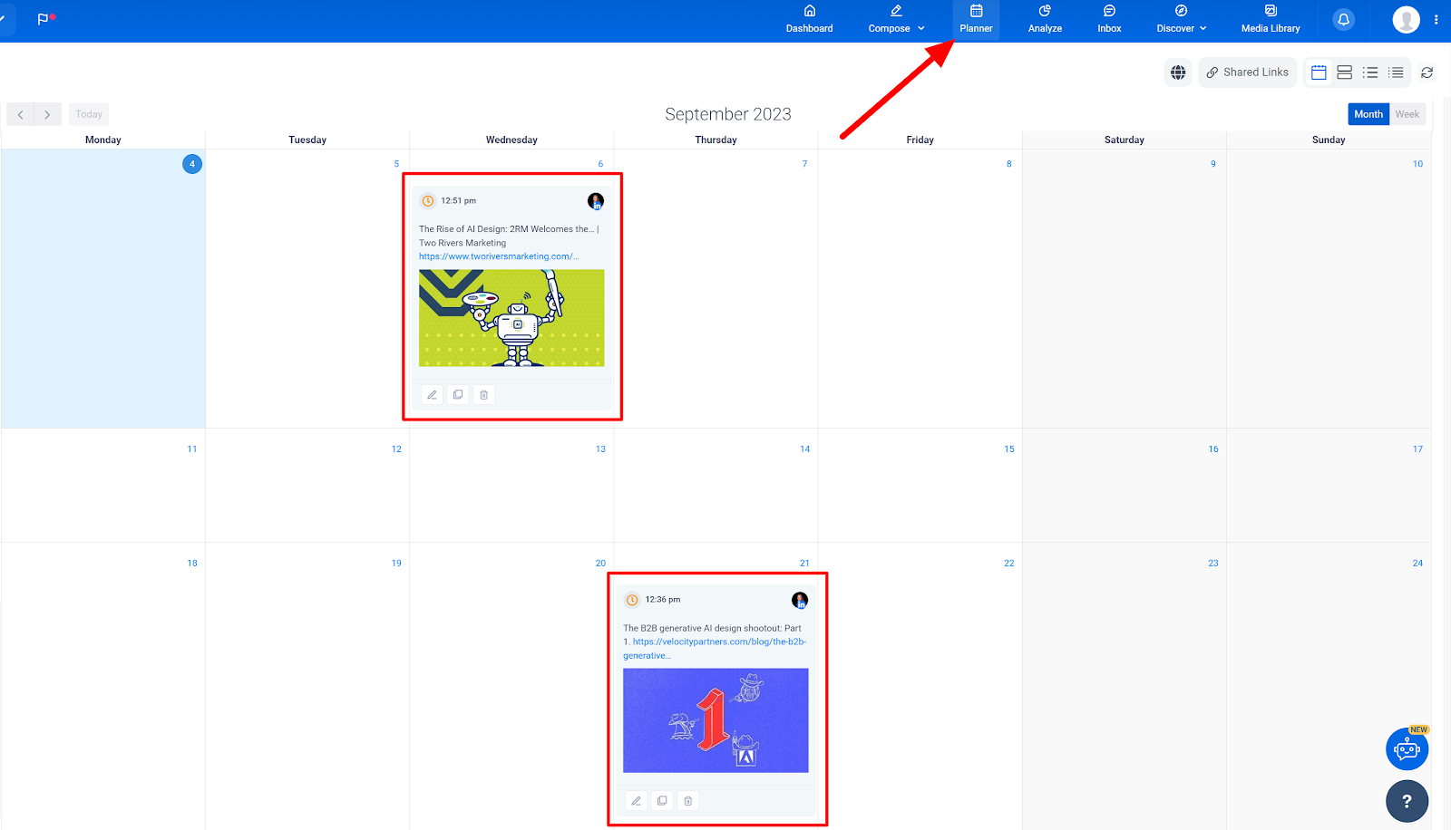 Two posts scheduled in the content calendar using ContentStudio.