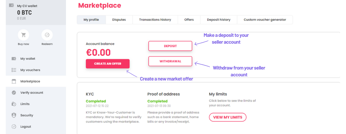 Seller dashboard with deposit and offer options