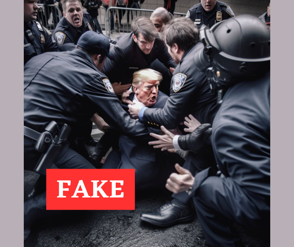 AI-generated image of Donald Trump being arrested, with hands of some officers showing anomalies. Label saying FAKE on bottom left.
